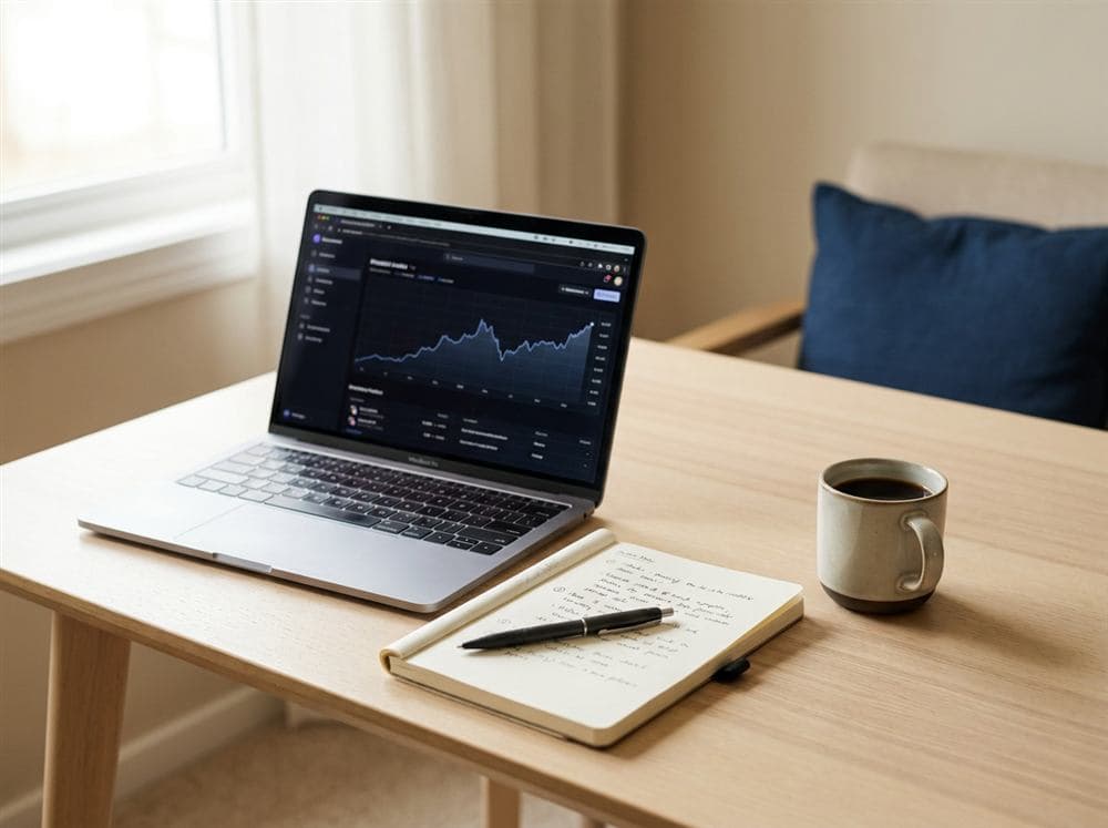Scrivania minimale con laptop, quaderno di appunti e caffè
